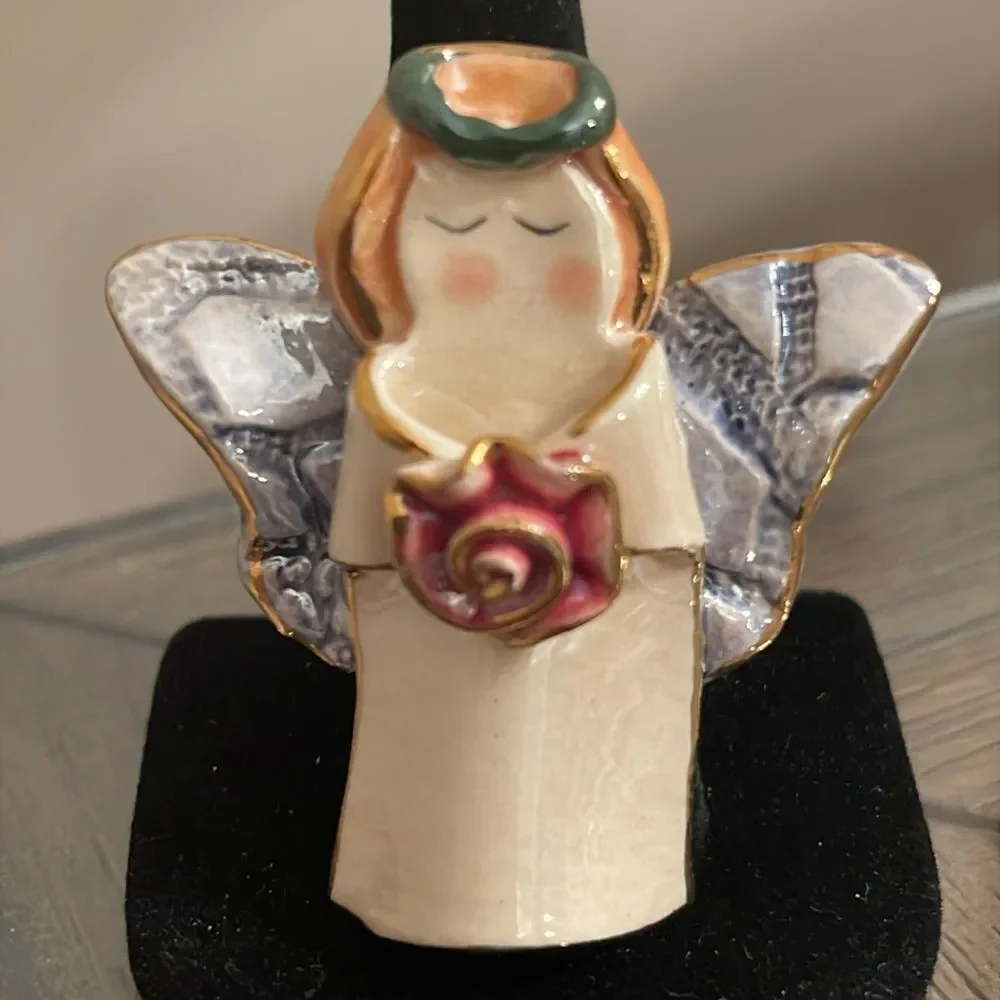Vintage Ceramic Lusterware Angel with Rose Brooch Lapel Pin